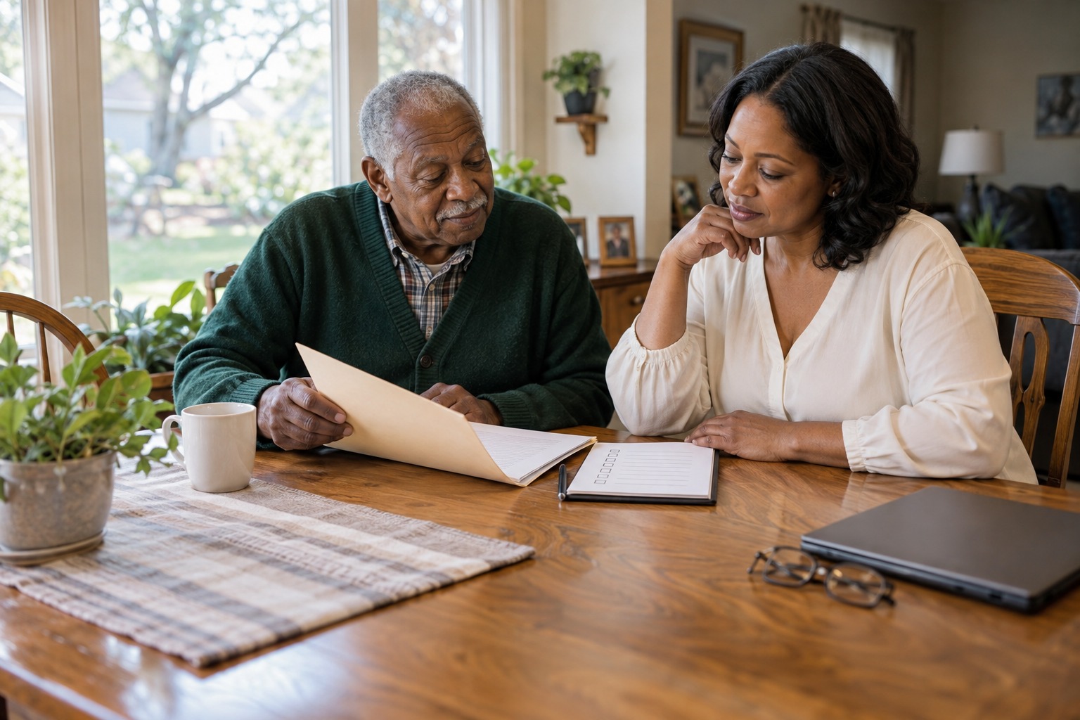 Older man and his adult daughter reviewing a folder at their kitchen table