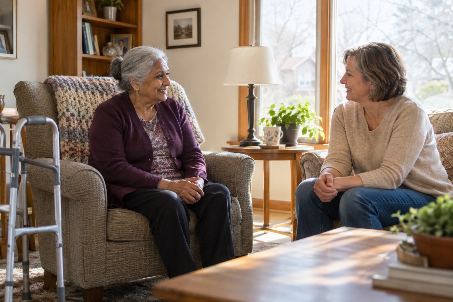 Older woman talking with a companion beside her living room chair