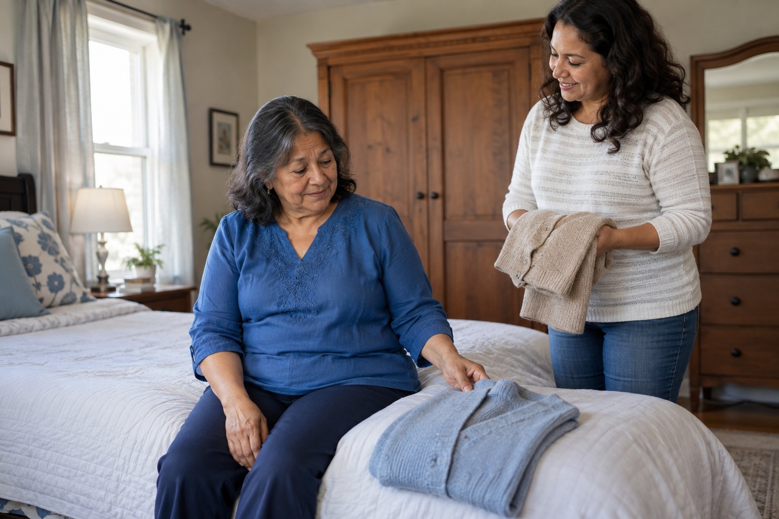 Older woman and her daughter choosing a cardigan for the day