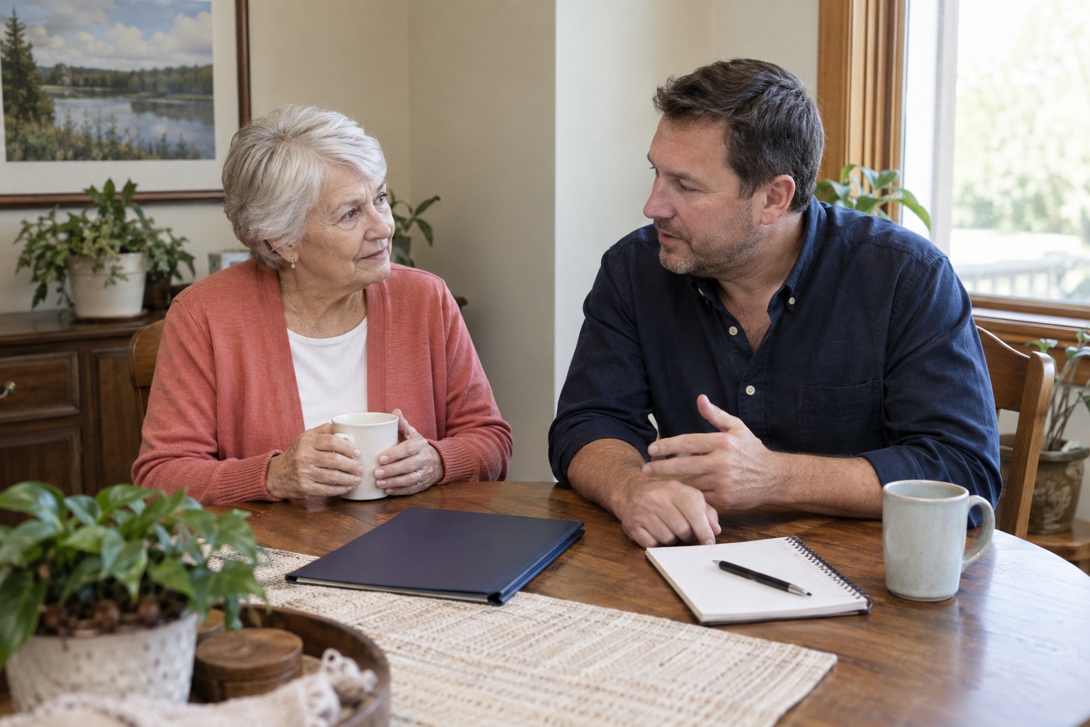 Older woman and her adult son discussing support at home