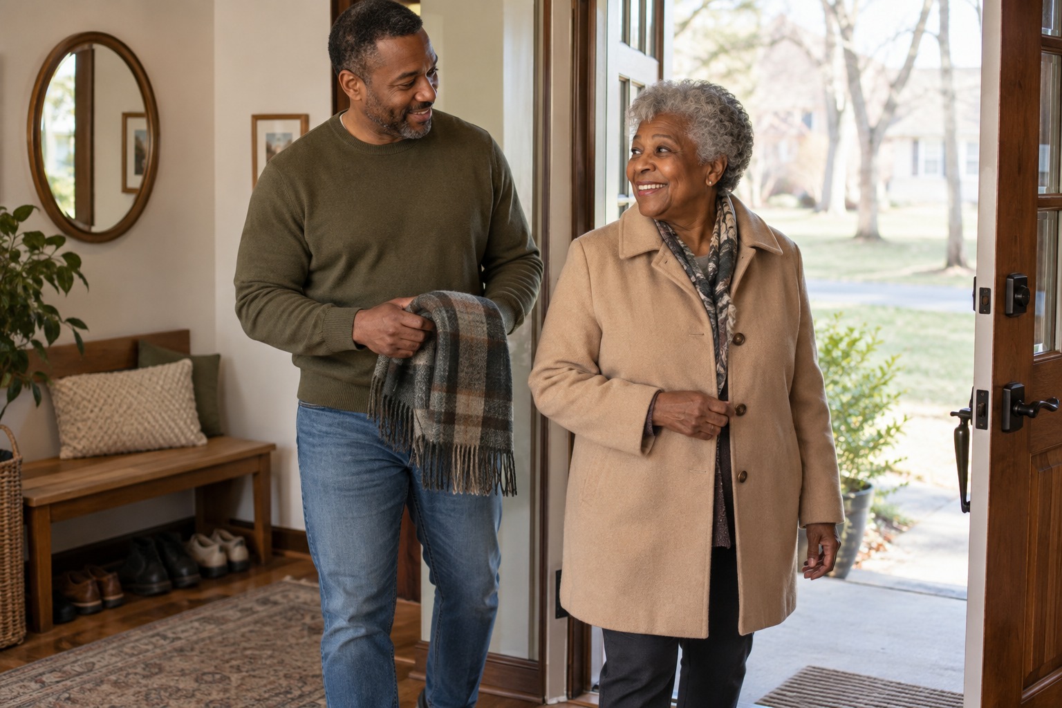 Adult son and his older mother preparing for a neighborhood walk