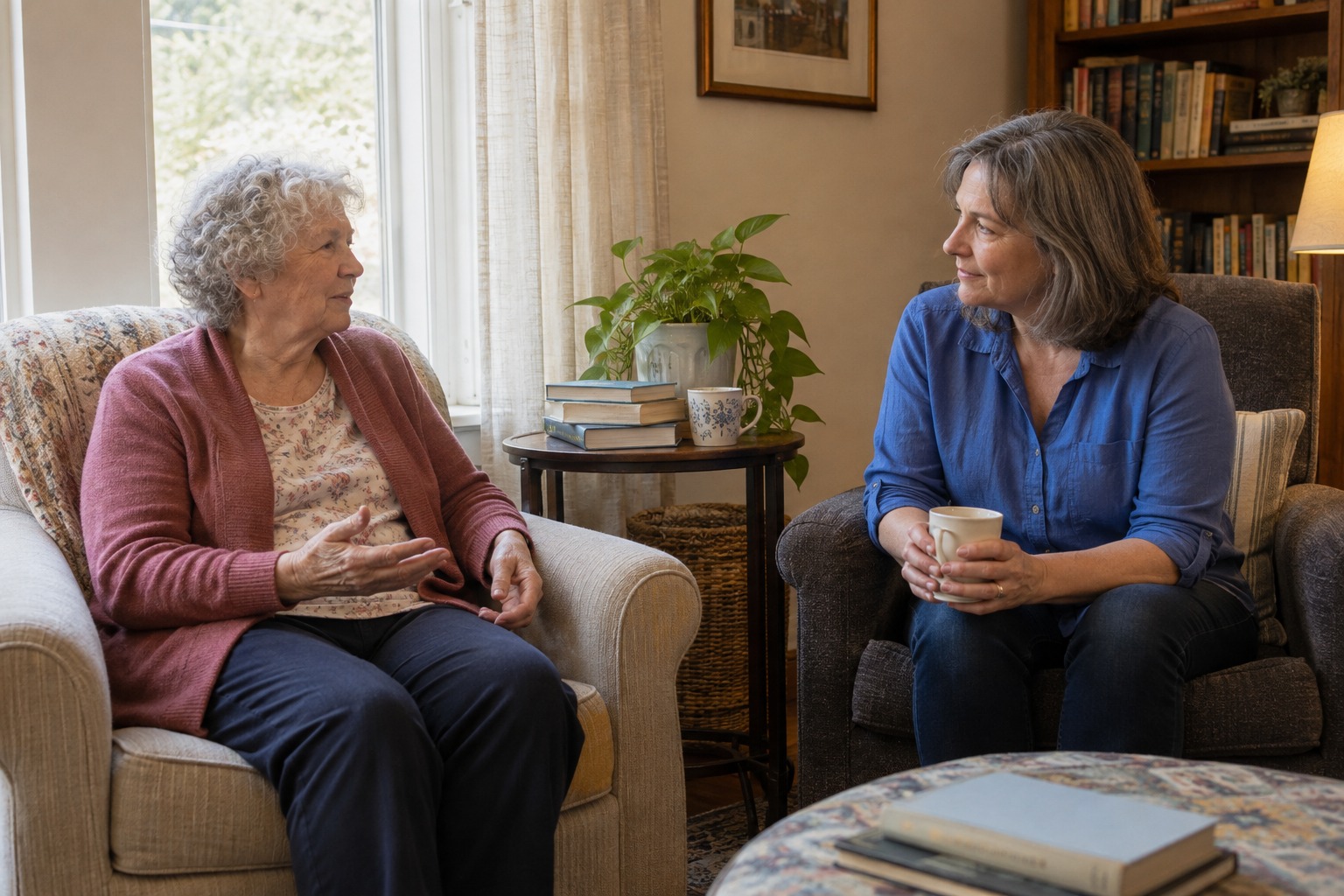 Older woman enjoying a conversation with a companion in a reading nook