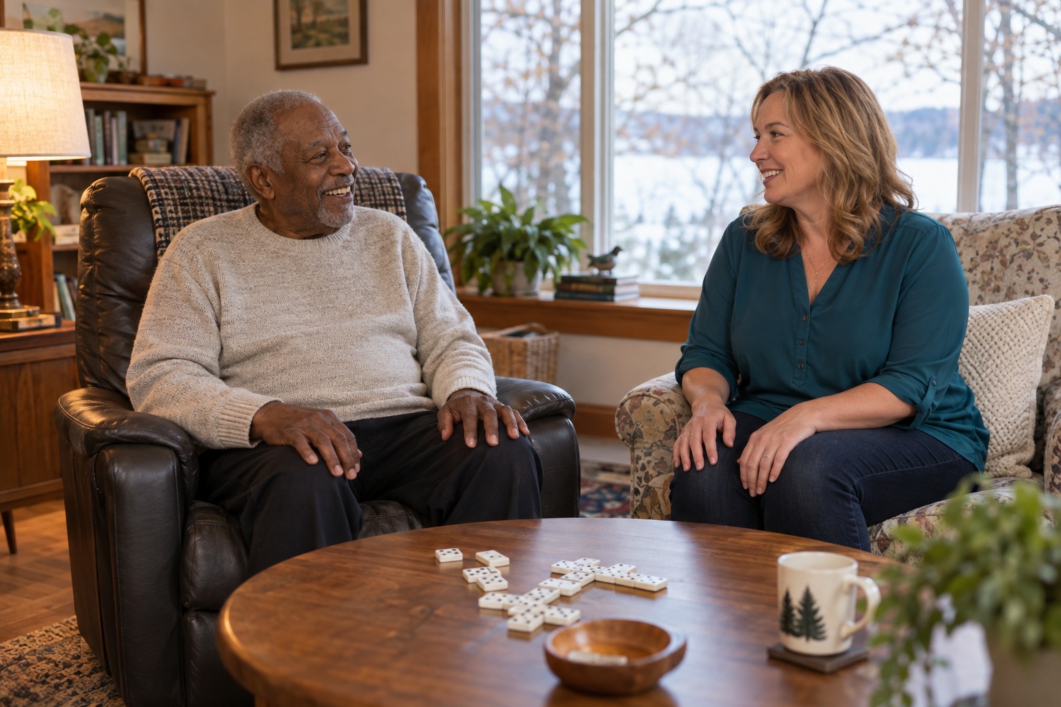 Older man and a companion talking beside a table with dominoes