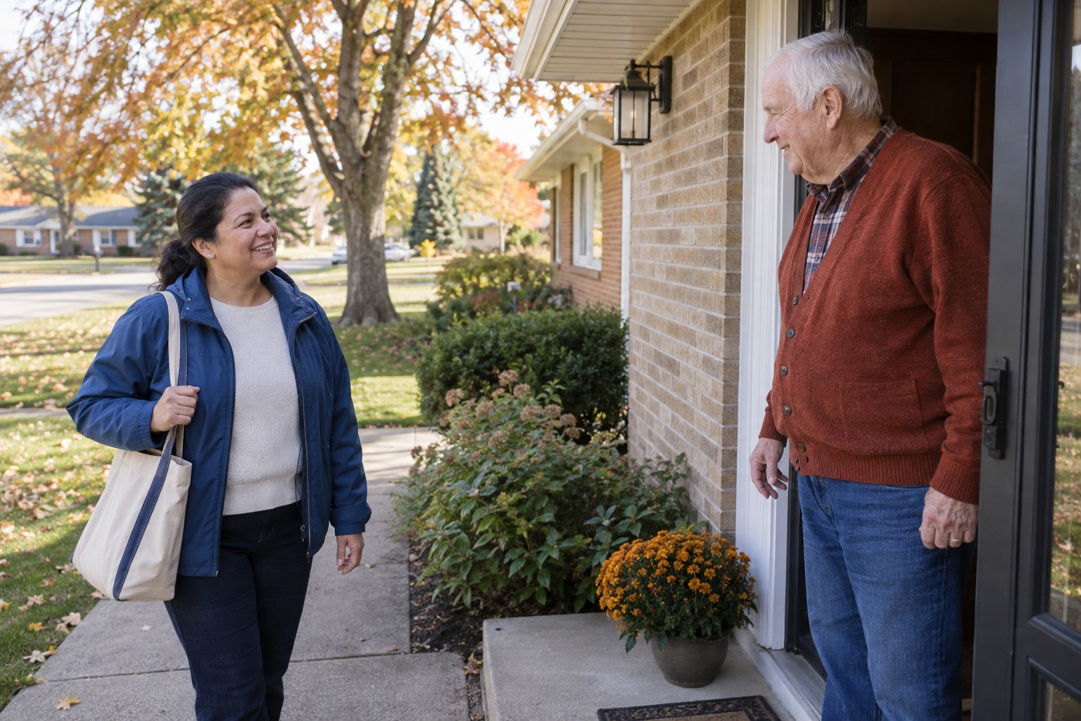 Visitor greeting an older man at the entrance to his home