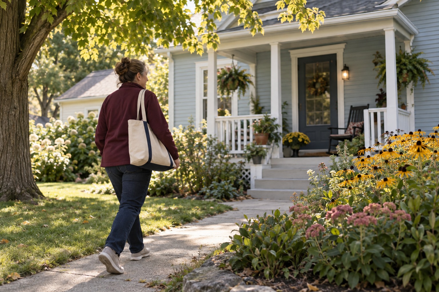 Visitor carrying a canvas tote toward a Wisconsin home
