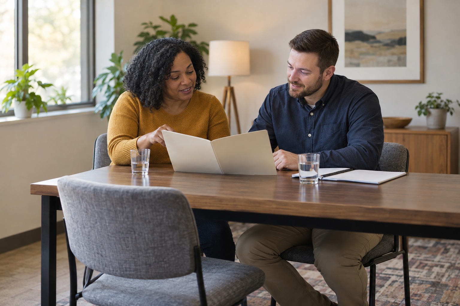 Two adults reviewing orientation materials together at a table