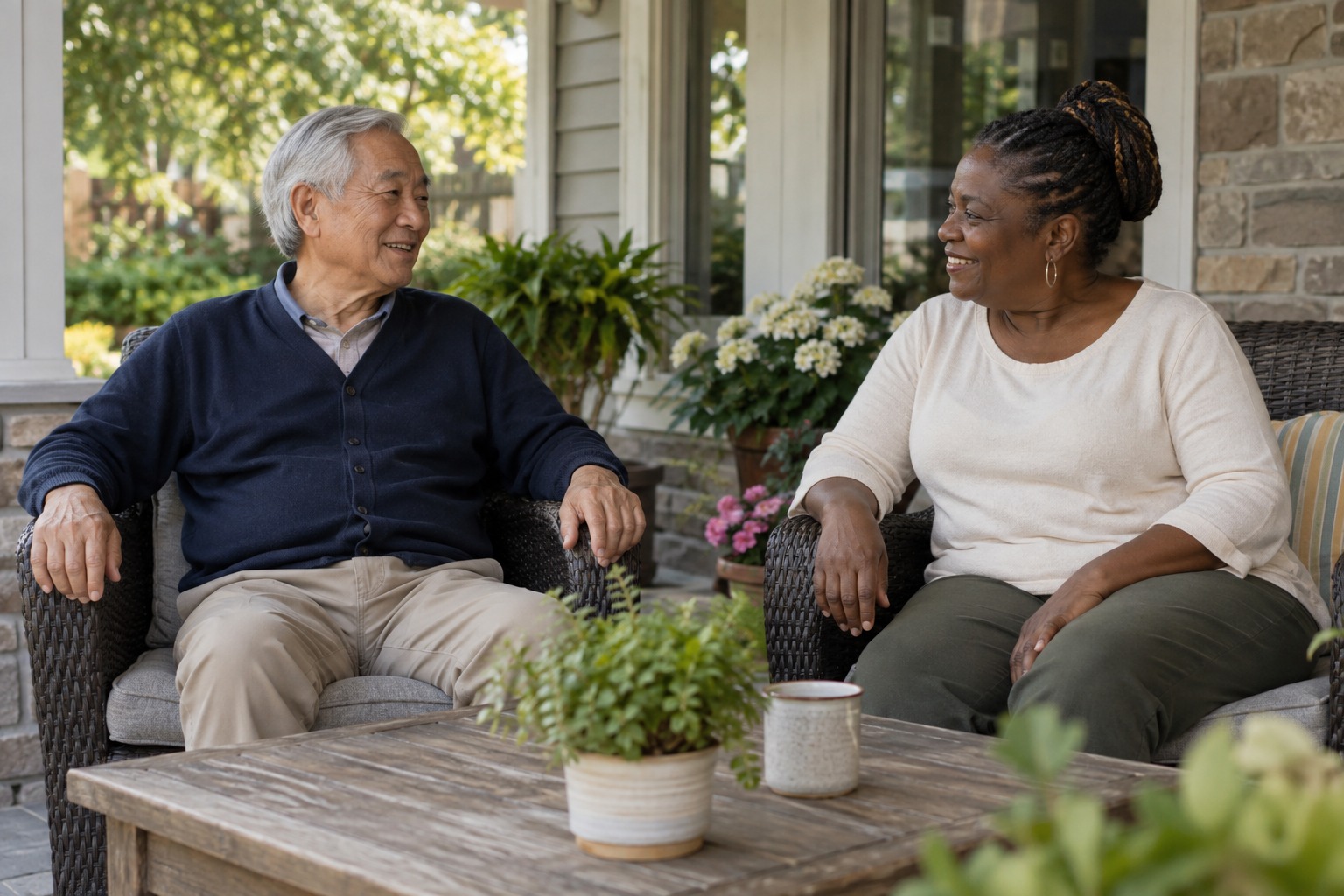 Older man and a companion talking on a shaded patio