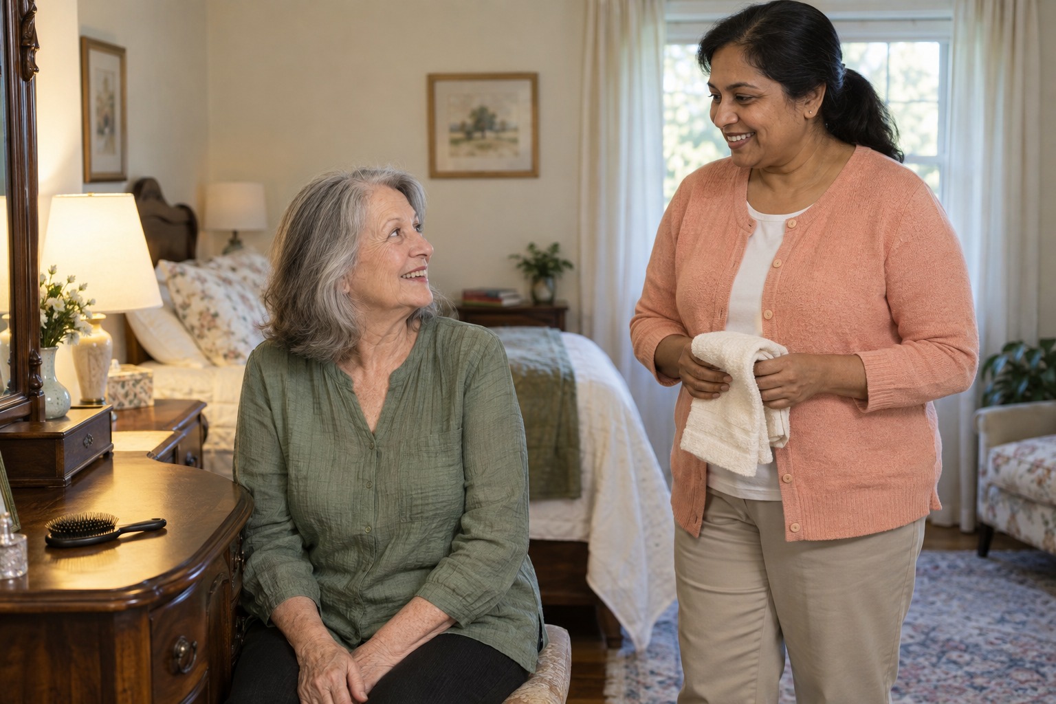 Older woman at her vanity with a helper and a clean towel nearby