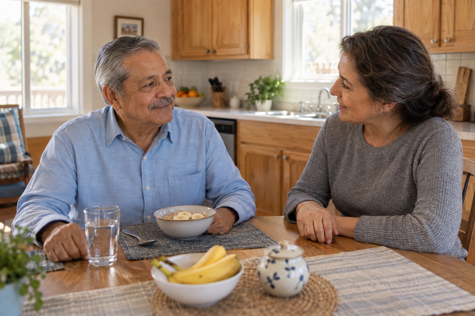 Older man enjoying breakfast with an attentive companion