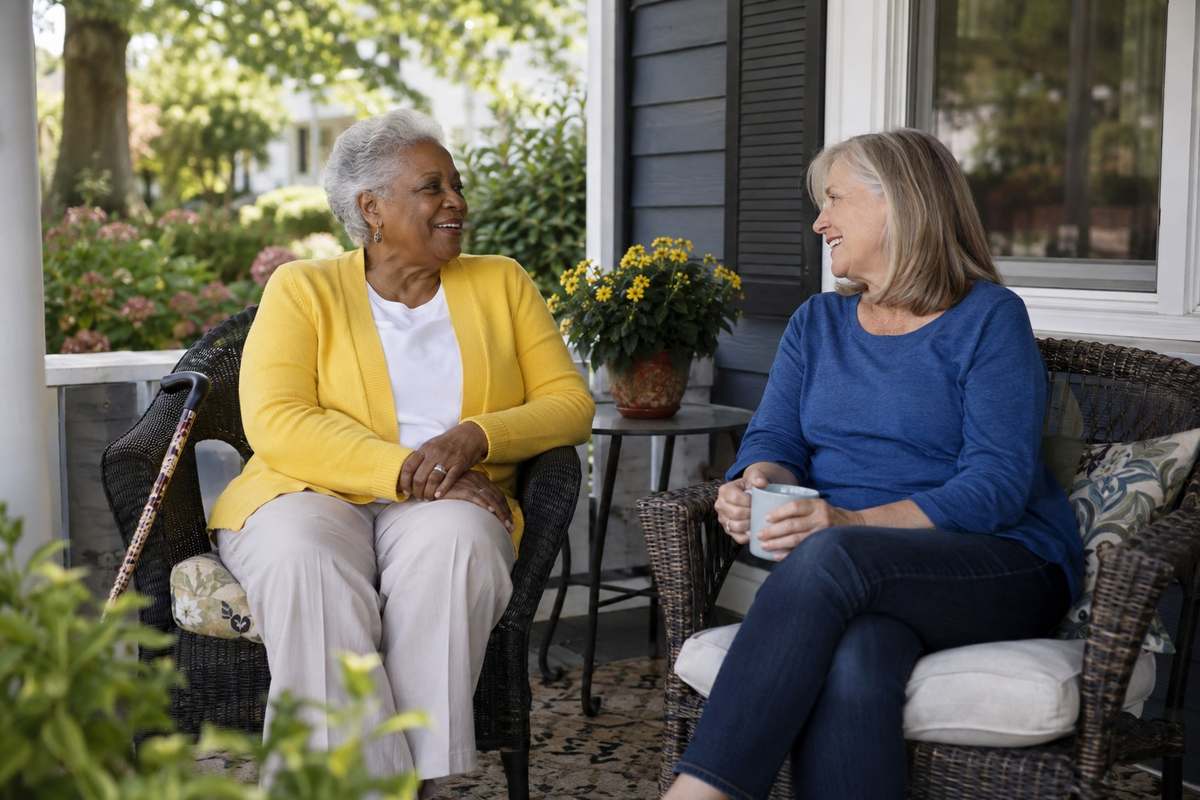 Older woman and a companion chatting on her front porch