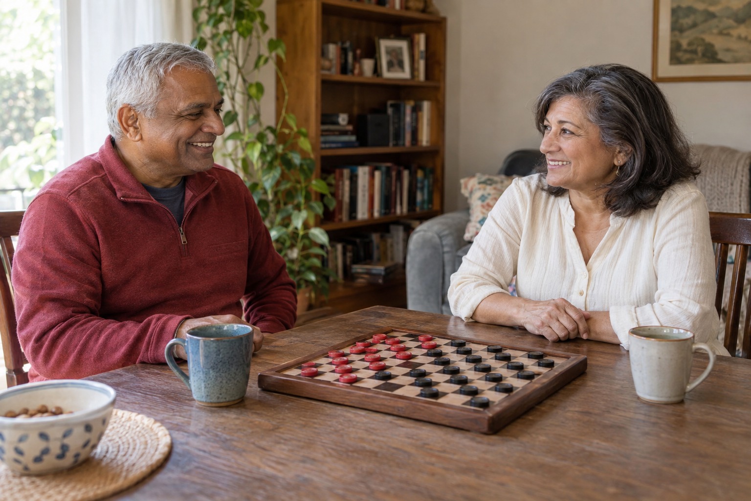 Older man and a companion enjoying conversation over a checkers board