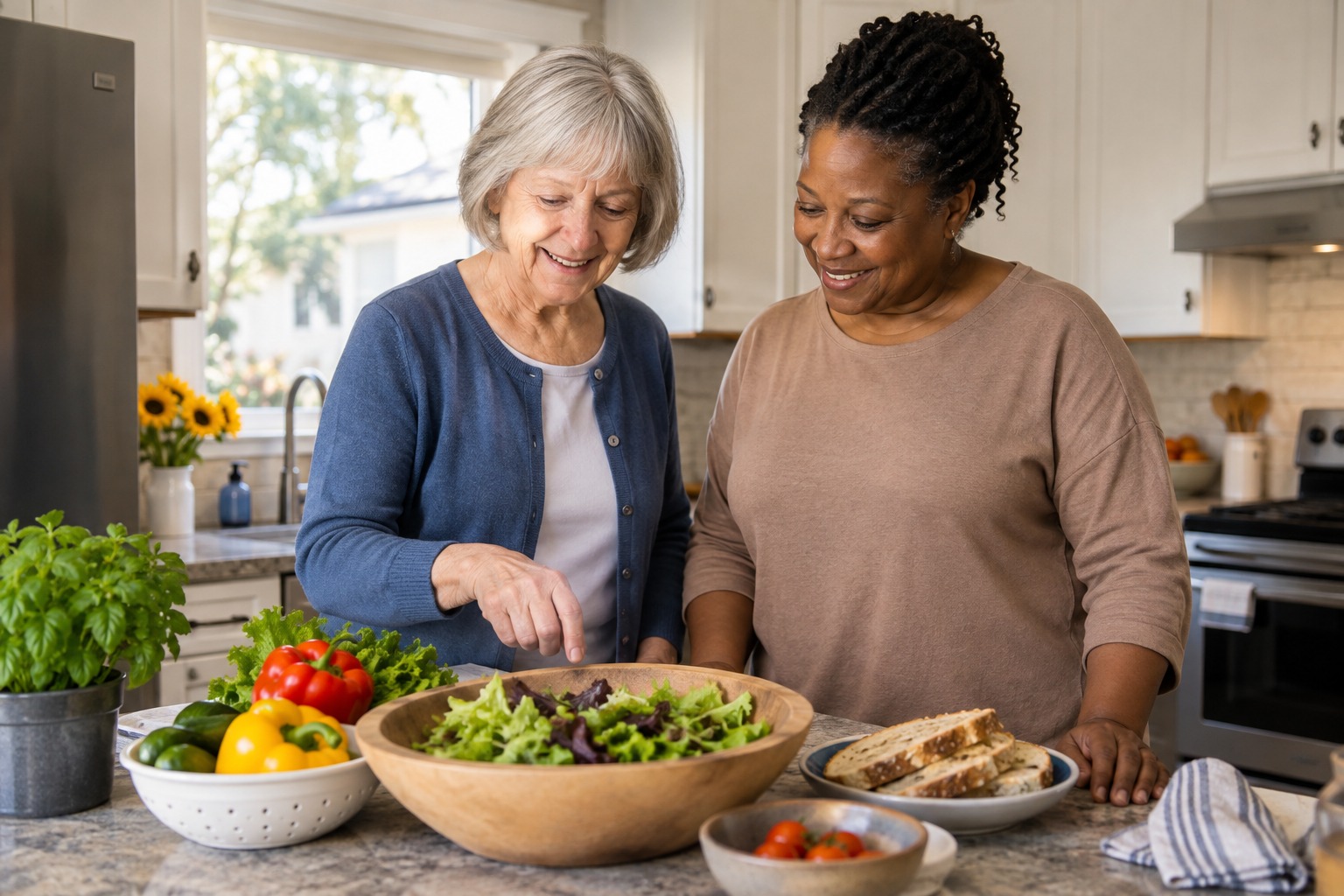 Older woman and a helper preparing a fresh salad in her kitchen