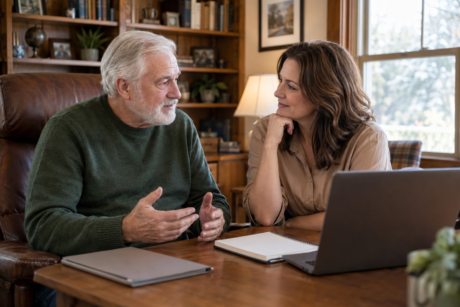 Older man and his adult daughter discussing resources at a home desk