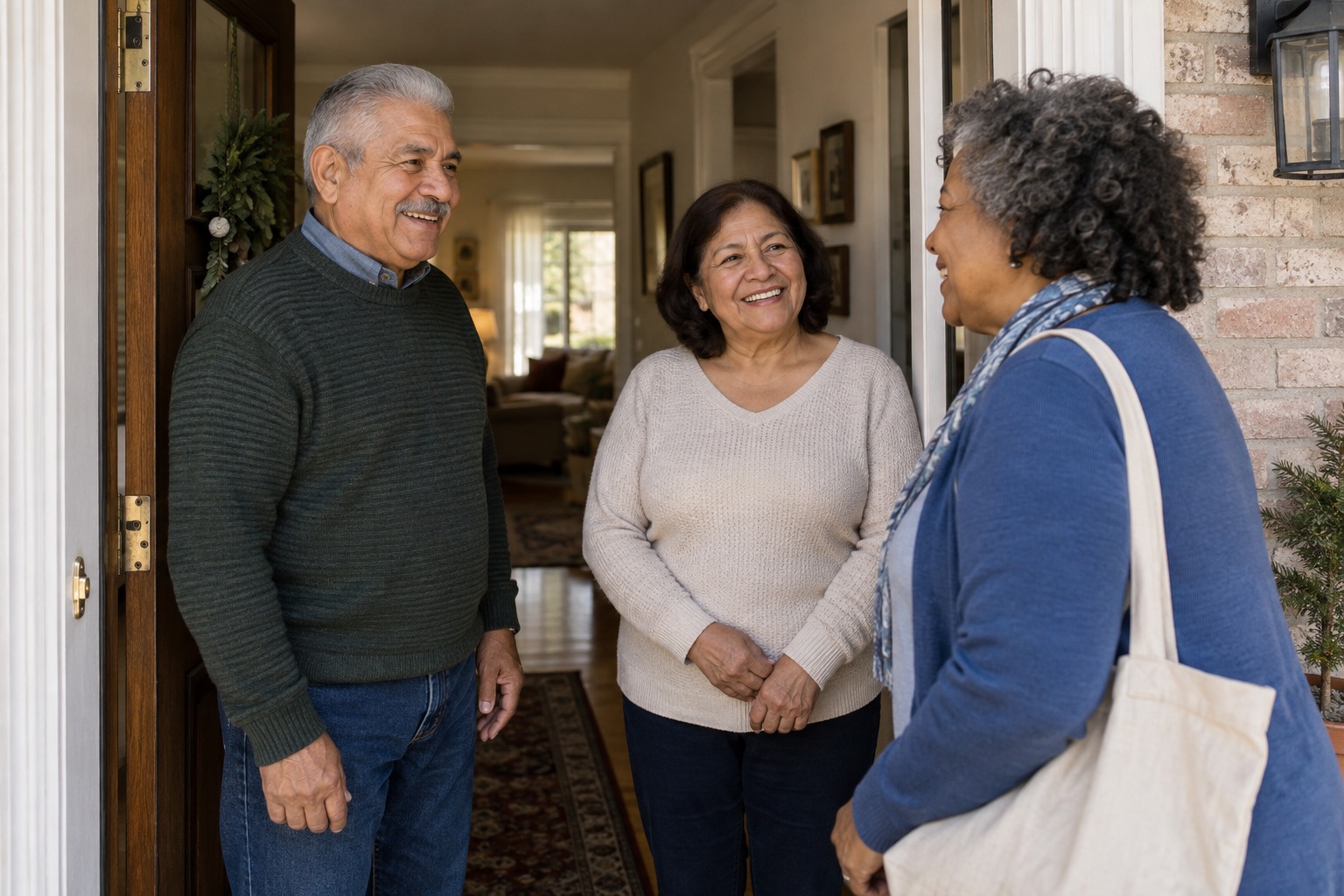 Older couple welcoming a familiar visitor at their front door