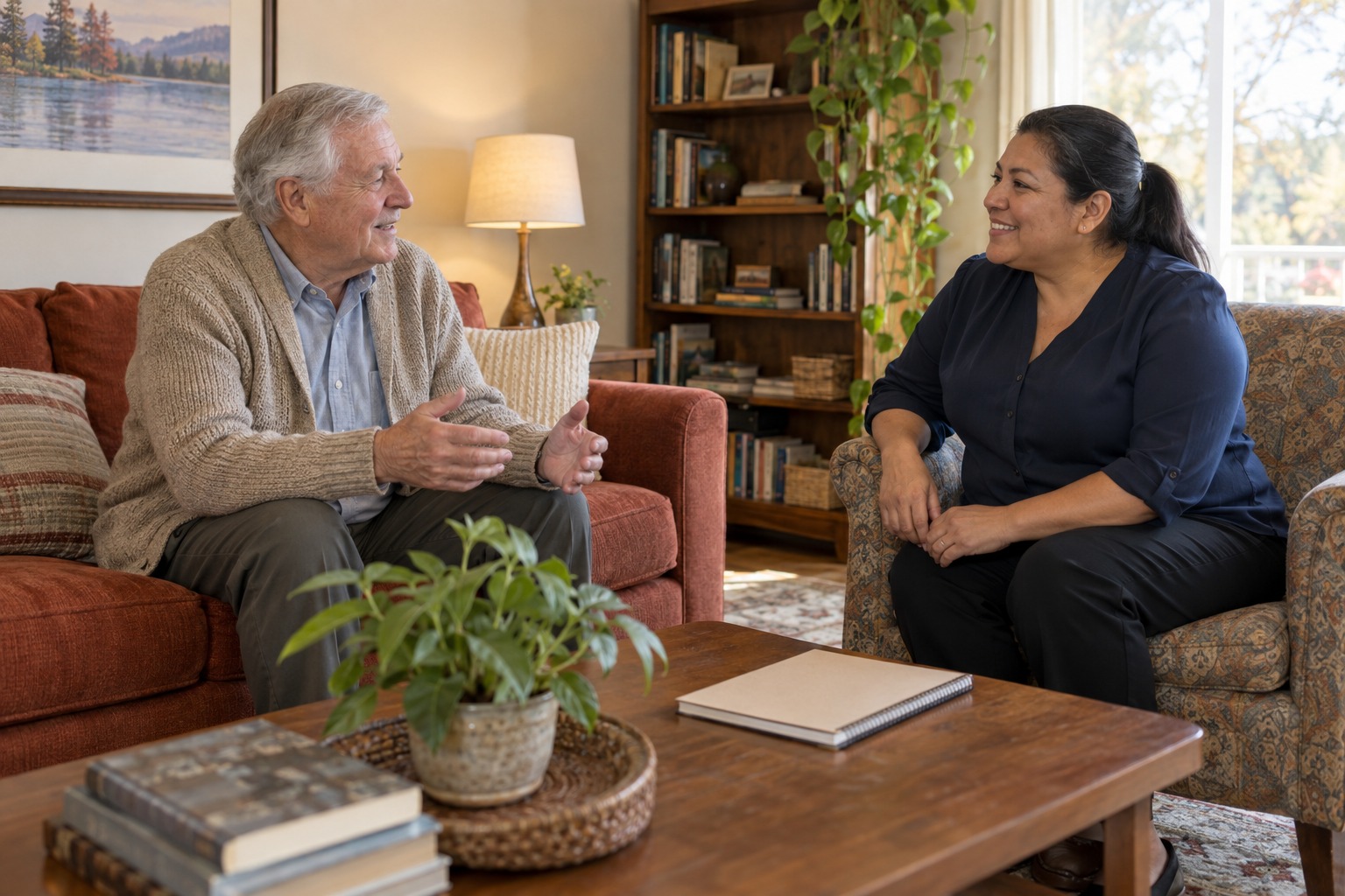 Older man and a companion discussing his daily routine in the living room