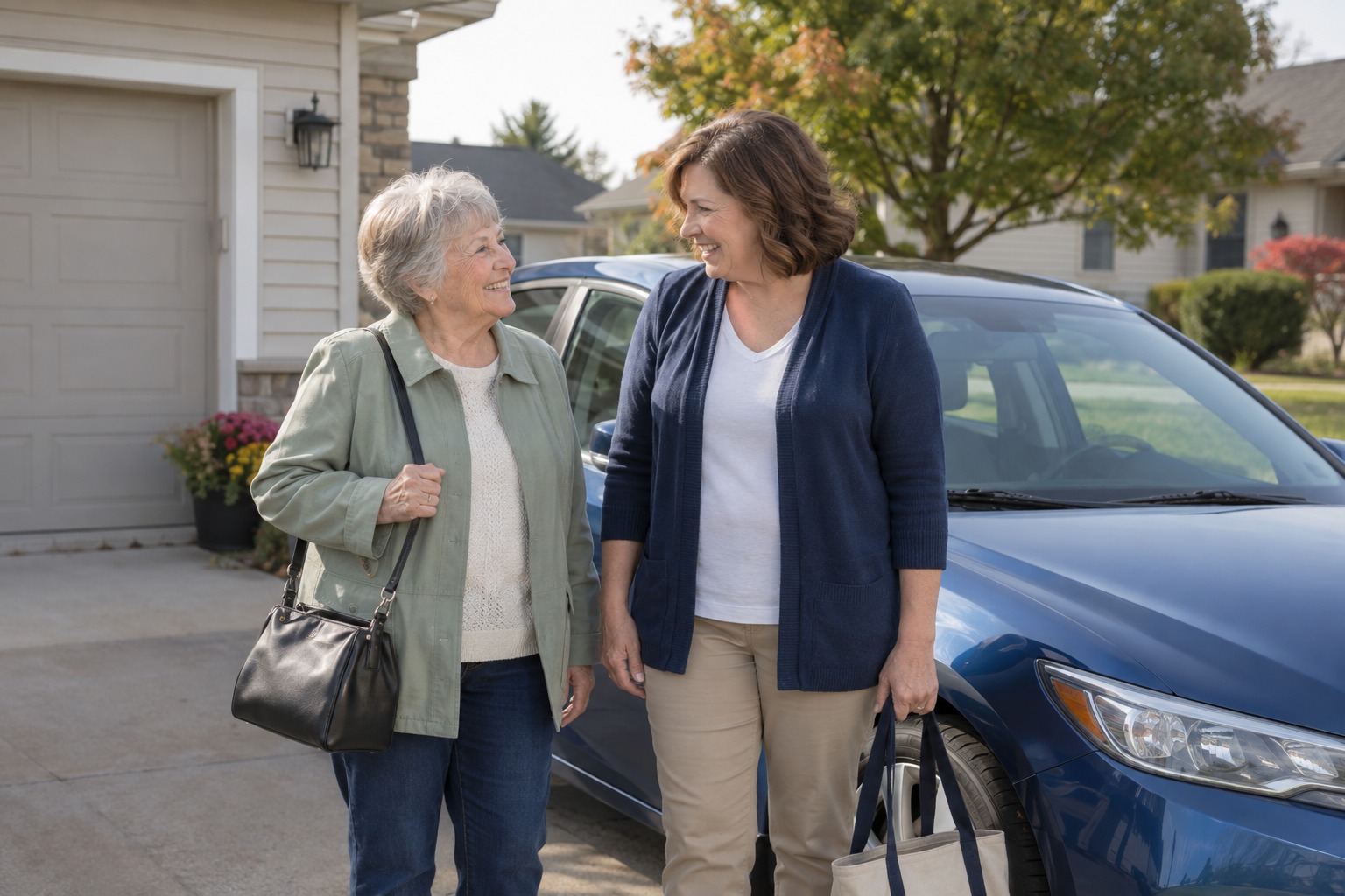 Older woman and a helper ready to leave beside a parked car