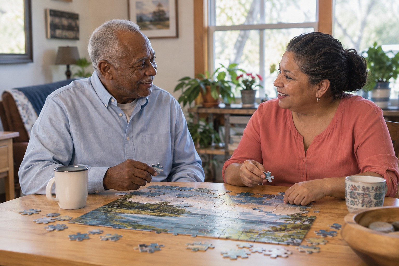 Older man and a companion working on a puzzle at home