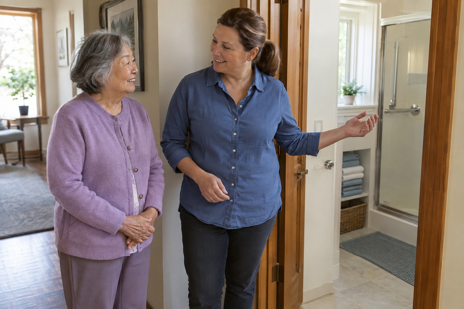 Fully dressed older woman and a helper discussing a comfortable bathing routine