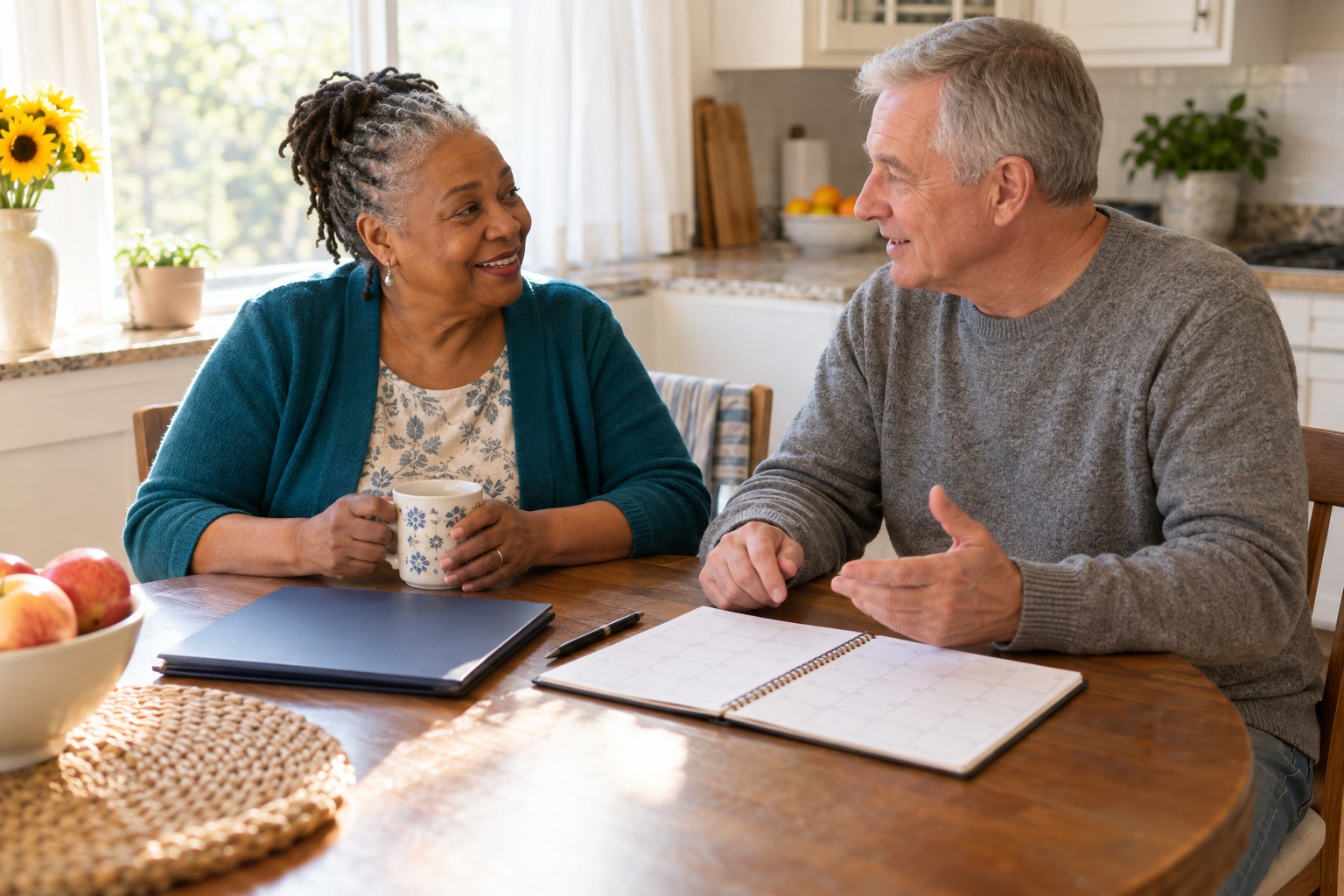 Older woman and a companion planning an appointment at the kitchen table