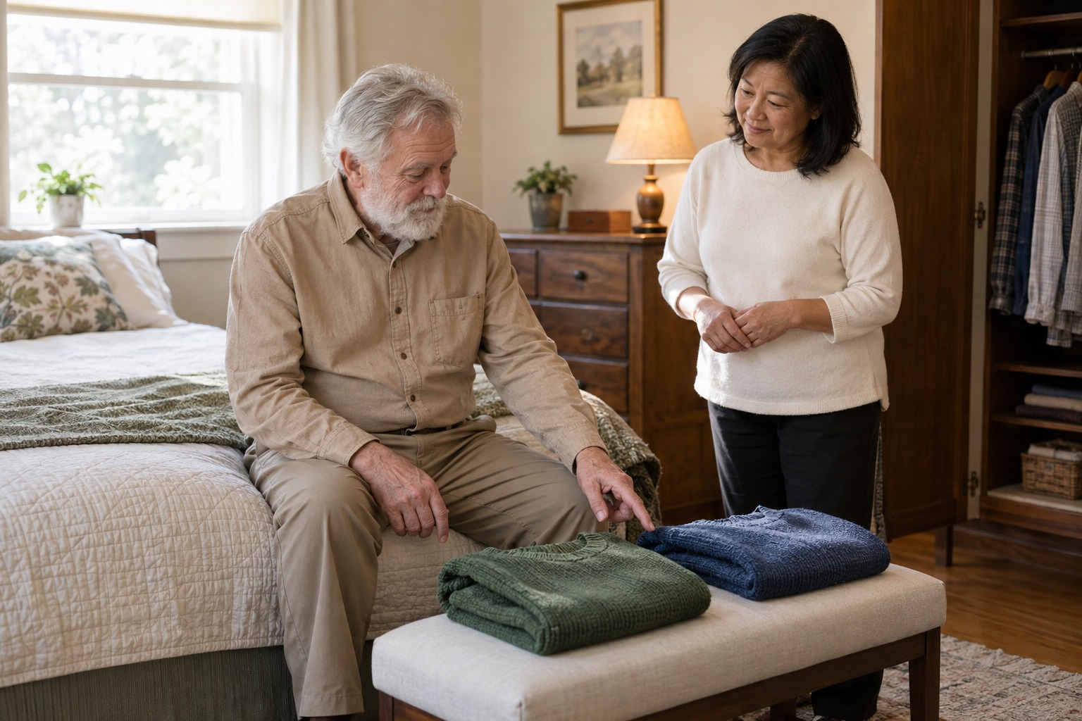 Older man choosing between folded sweaters with a helper nearby