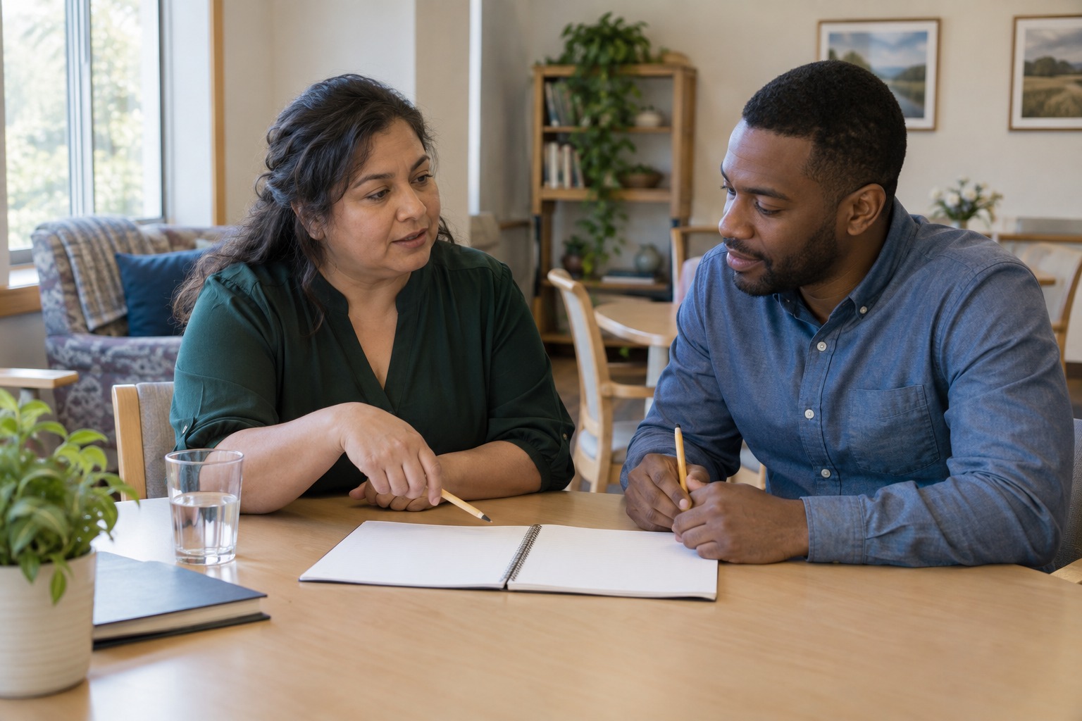 Two adults reviewing a training workbook together