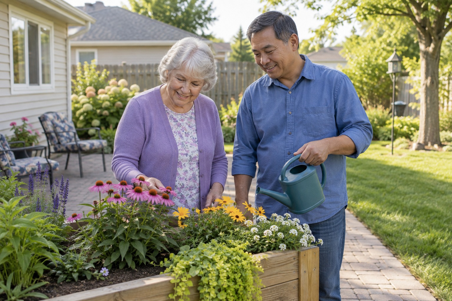 Older woman and a helper tending flowers in a raised garden planter