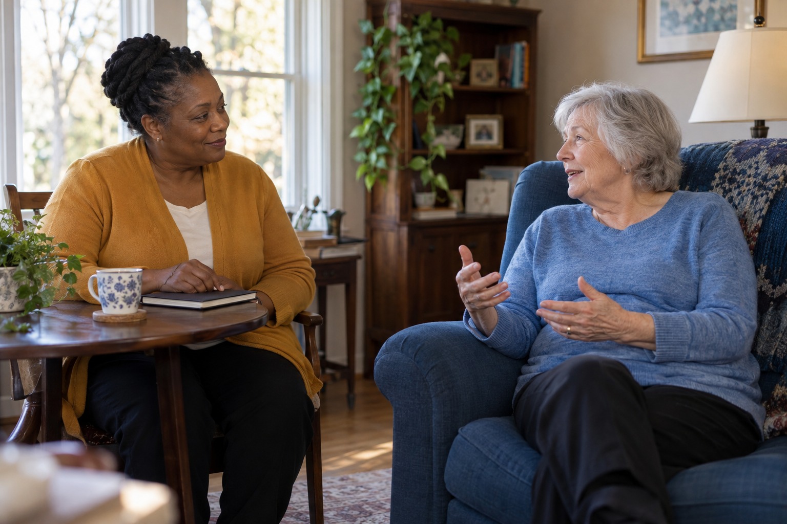 Companion listening attentively to an older woman at home