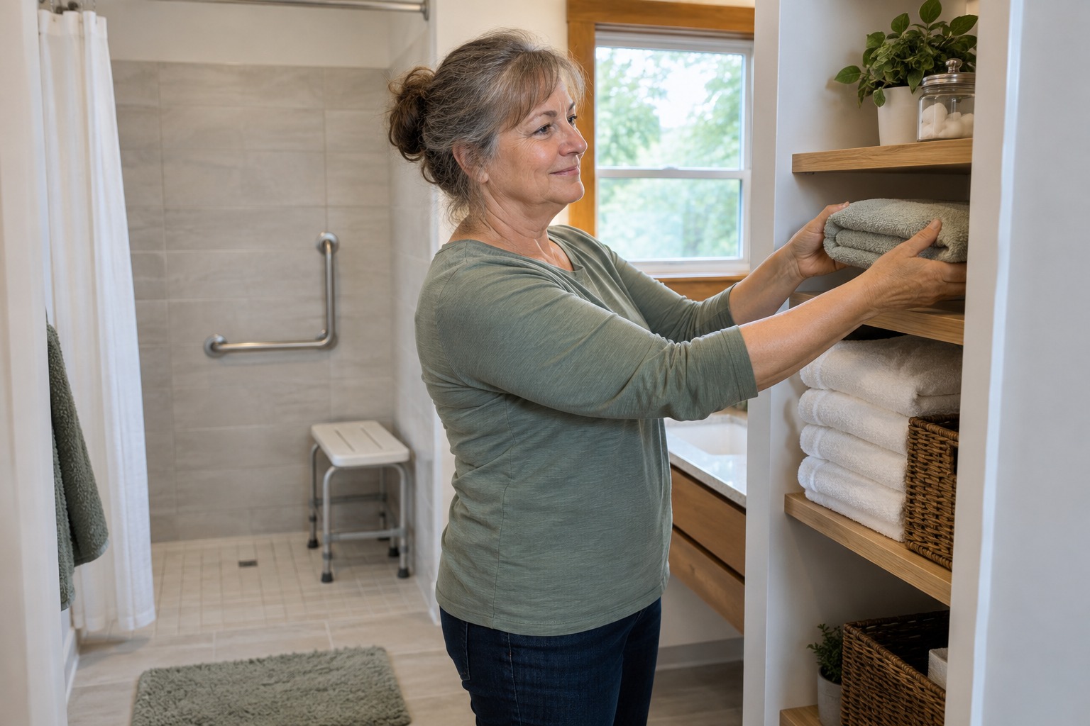 Helper preparing clean towels in a residential bathroom