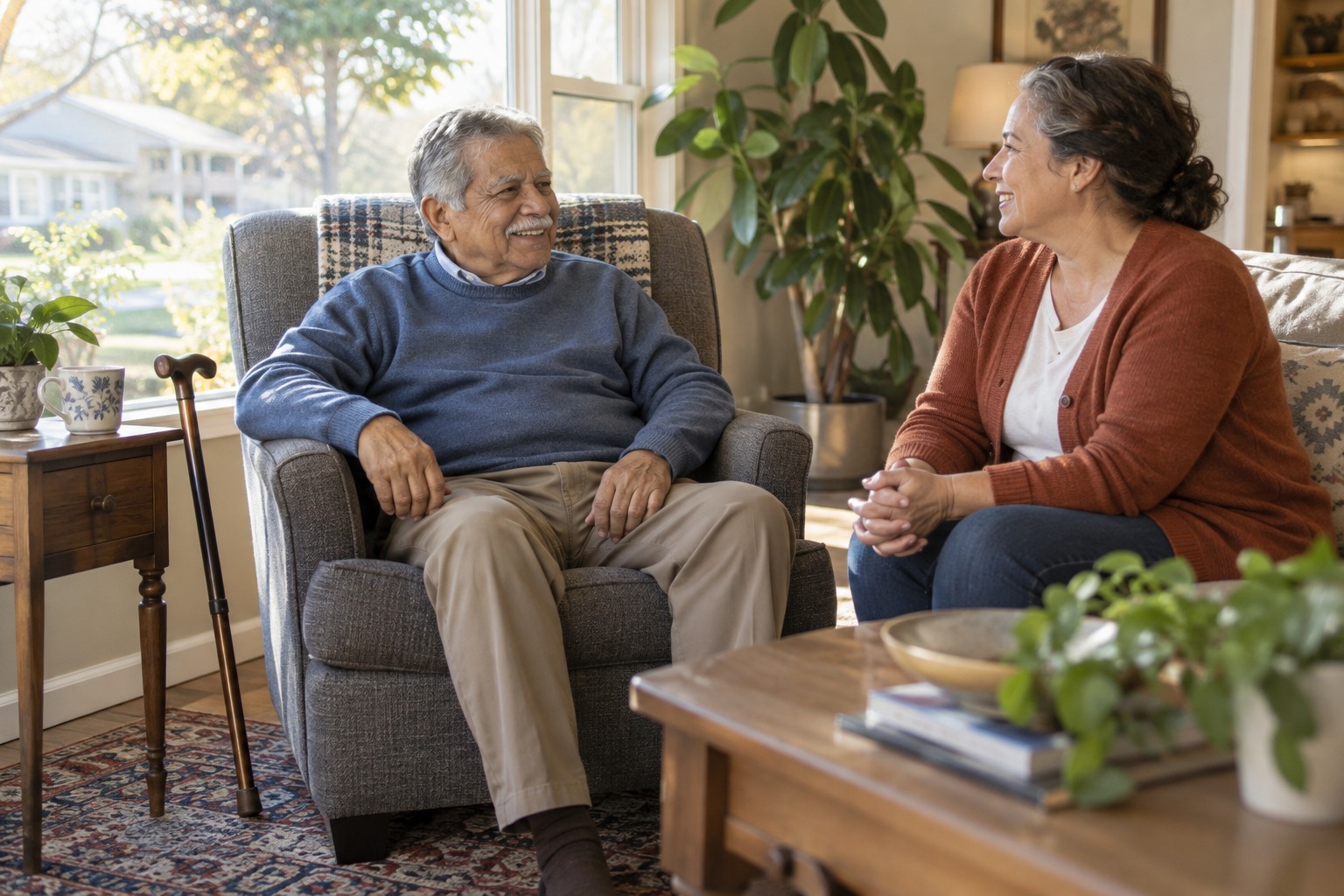 Older man talking with a companion beside a sunny living room window