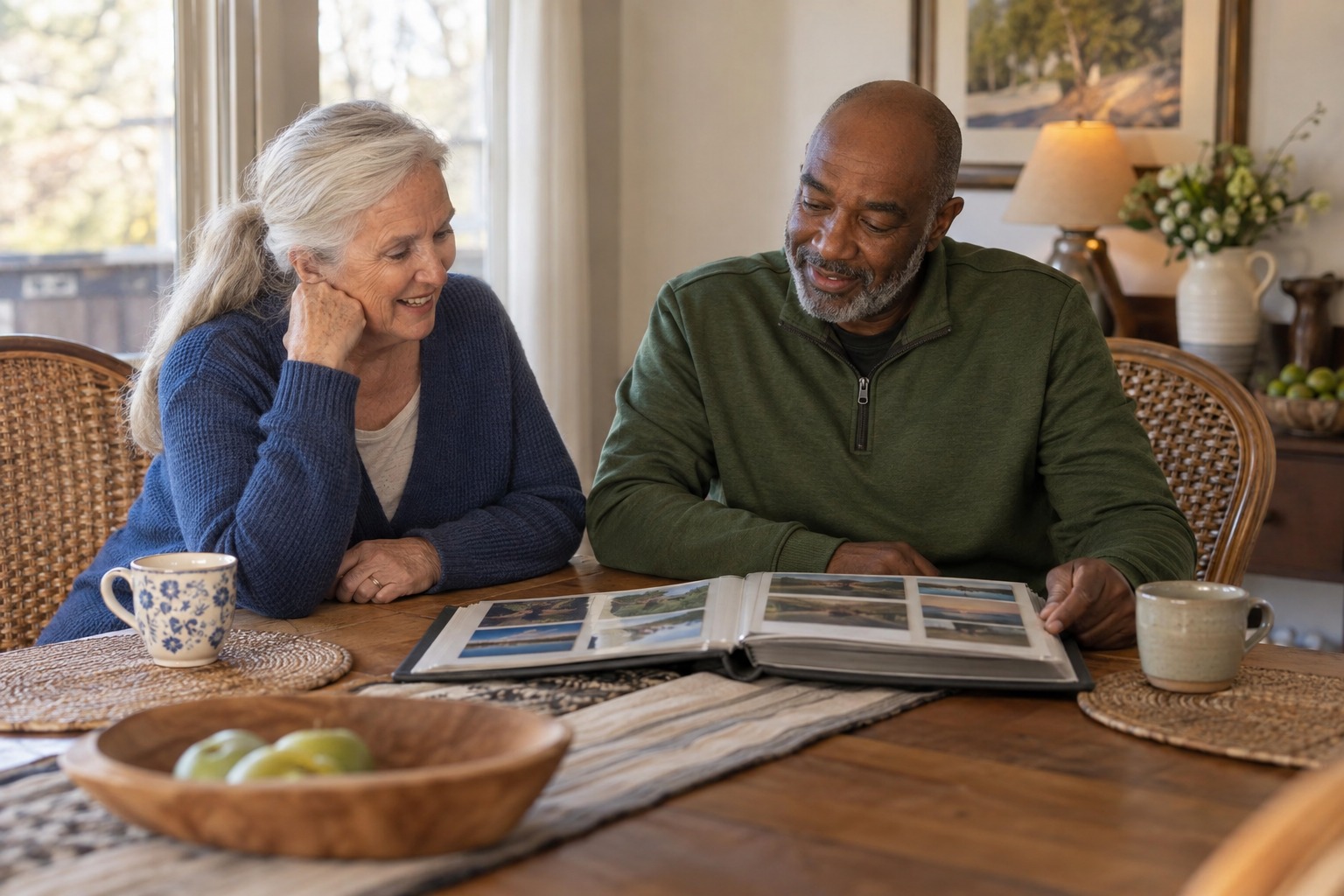 Older woman and a companion sharing memories over a photo album