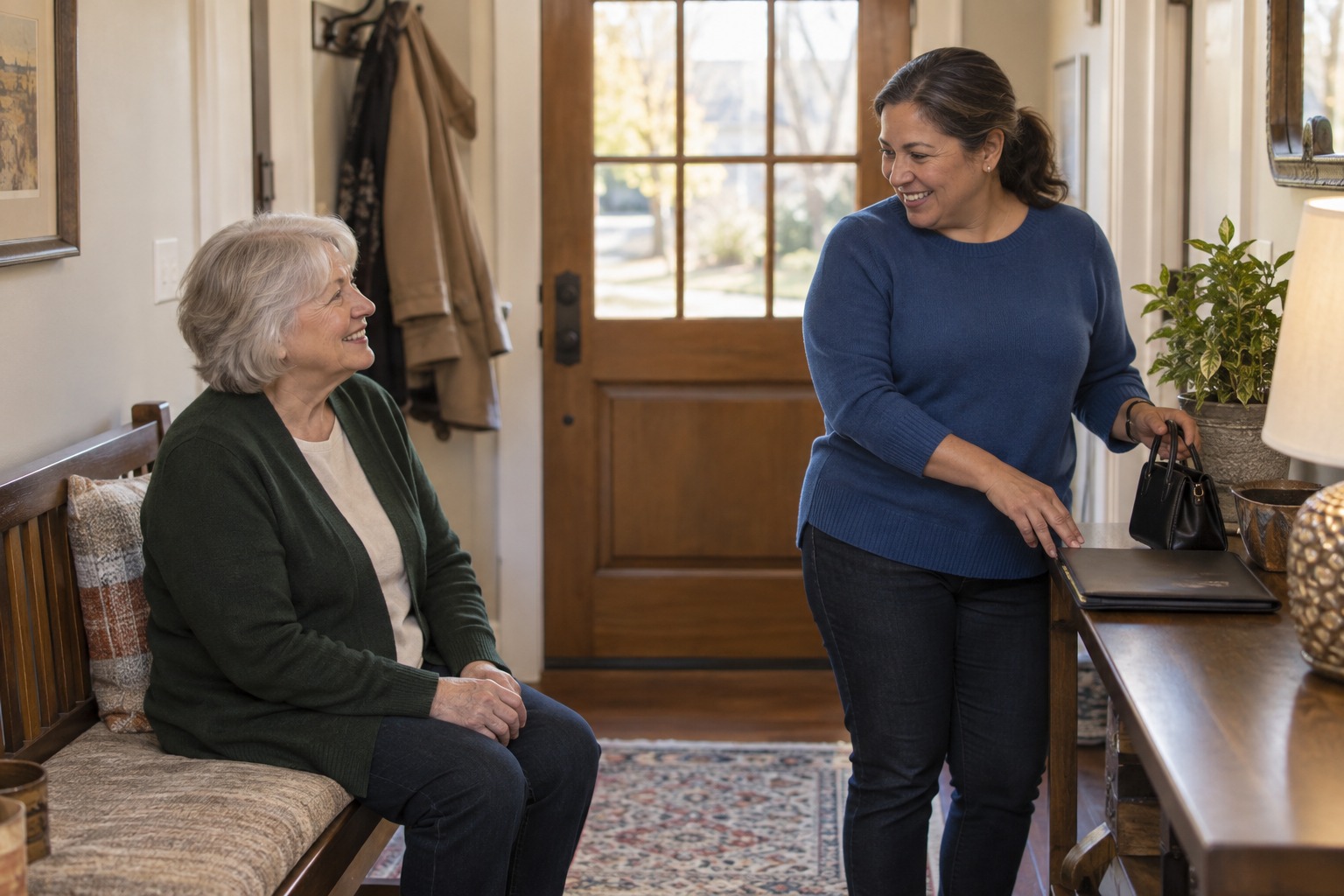 Older woman and a helper organizing a folder and bag before leaving home