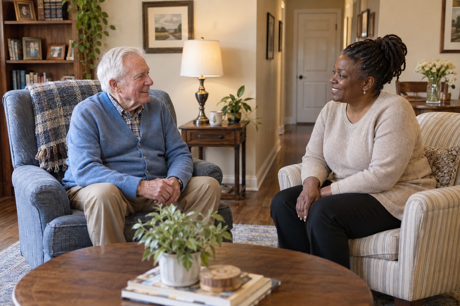 Older man and a companion having a reassuring conversation at home