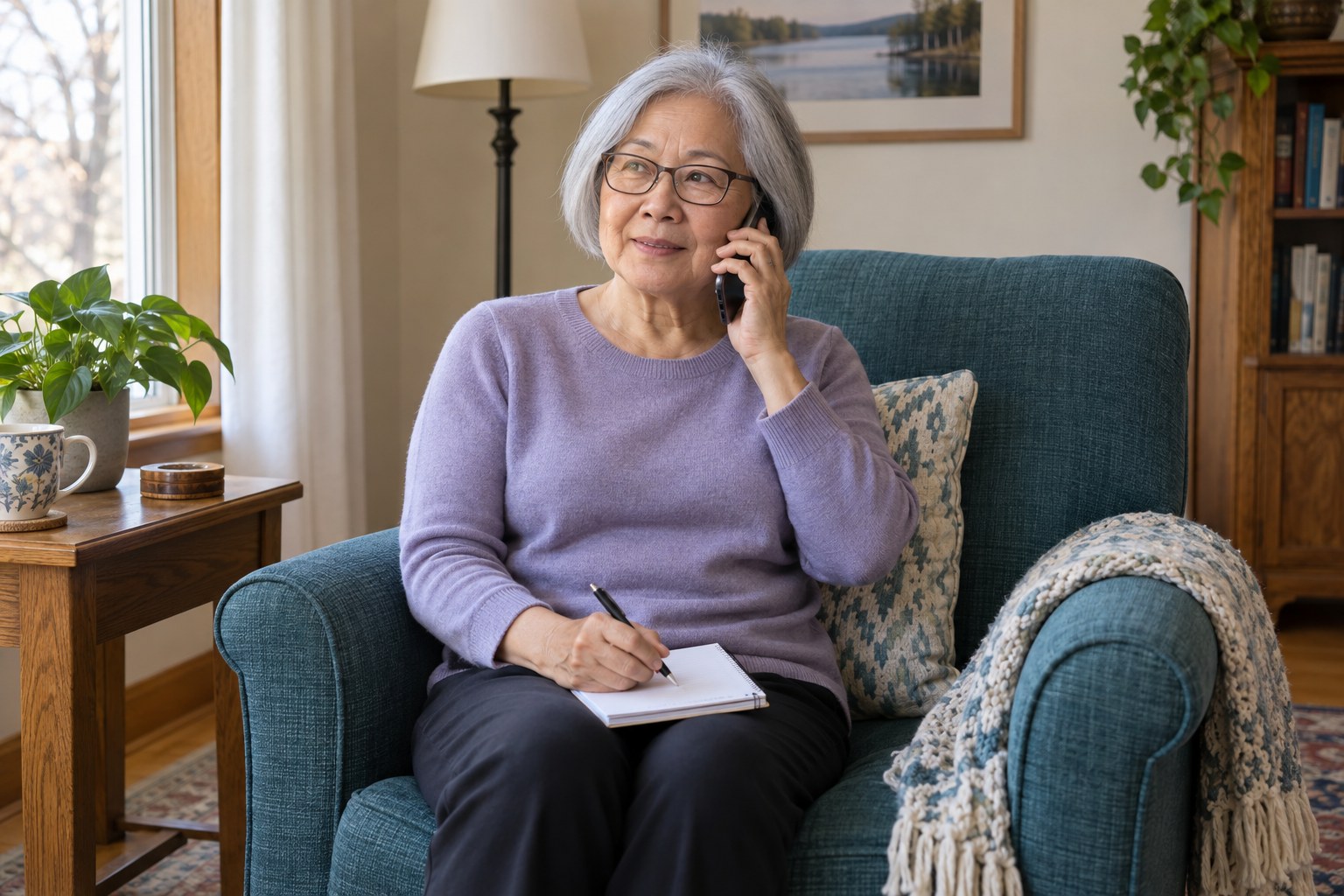 Older woman making a phone call with a notepad nearby