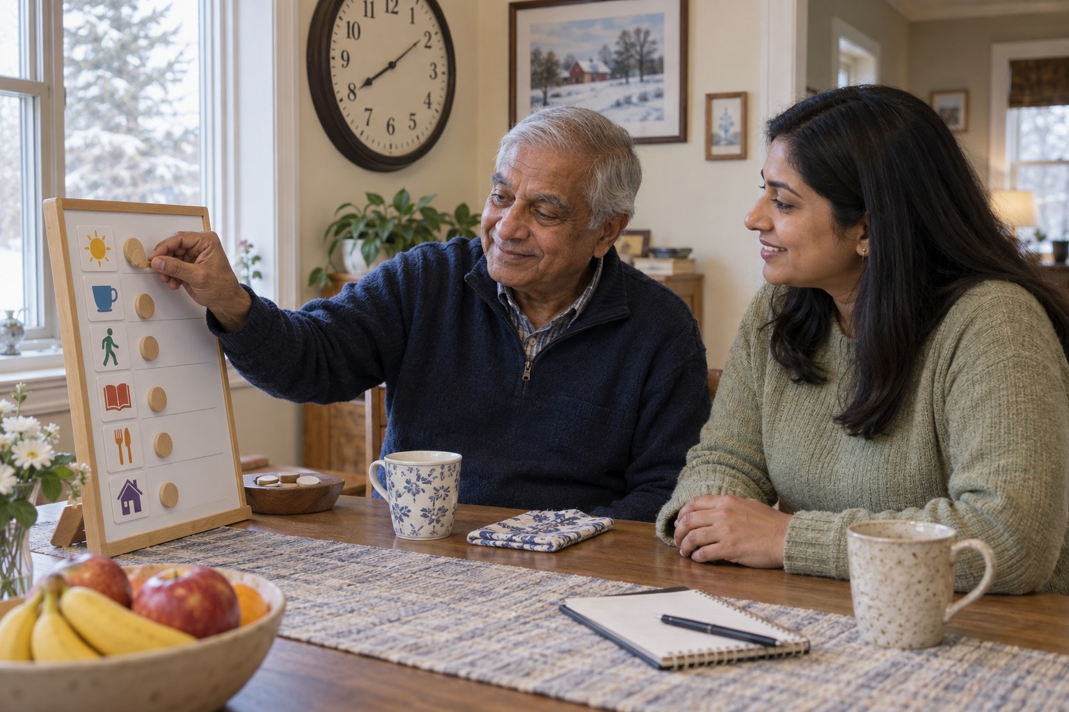 Older adult following a familiar daily routine with a companion nearby