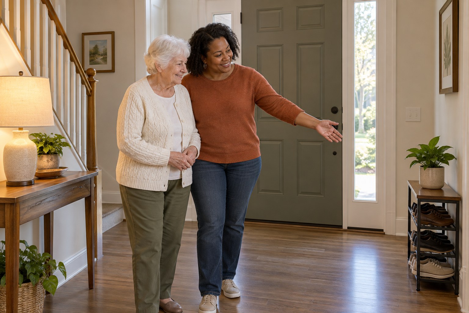 Companion helping an older adult move safely through the home
