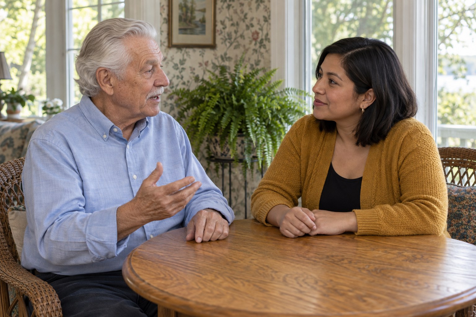 Older adult having an attentive conversation with a companion