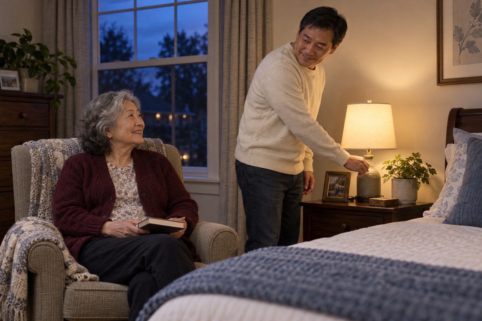 Older adult receiving reassuring evening support at home