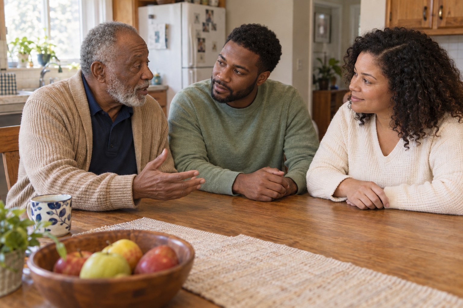 Older adult discussing care needs with a companion at home