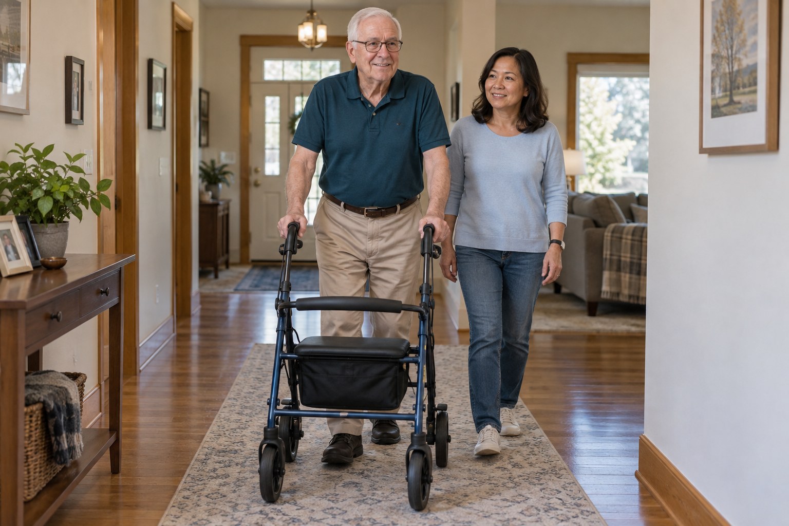 Older adult practicing everyday mobility with a companion nearby