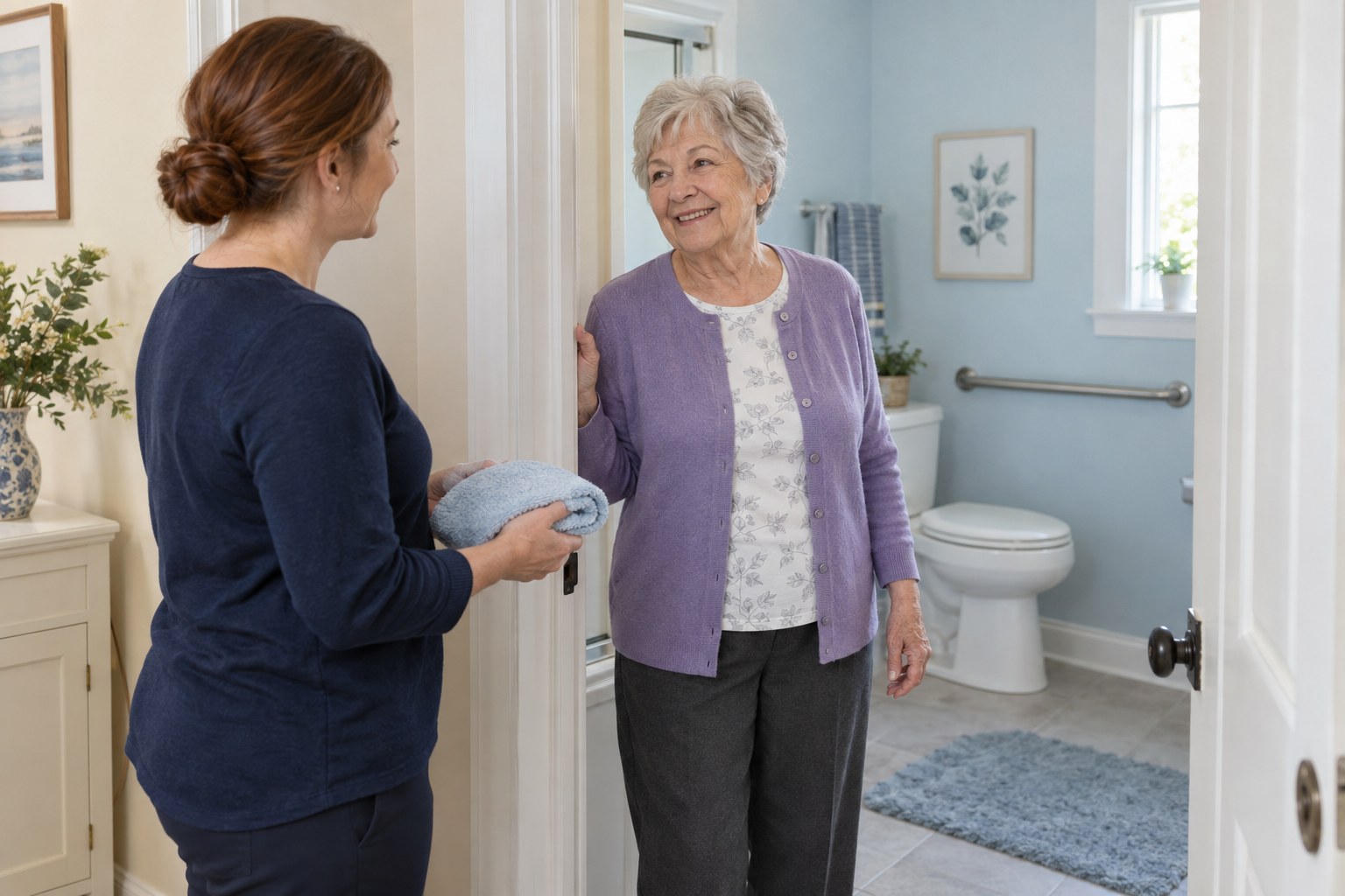 Companion preparing a private bathroom for comfortable support