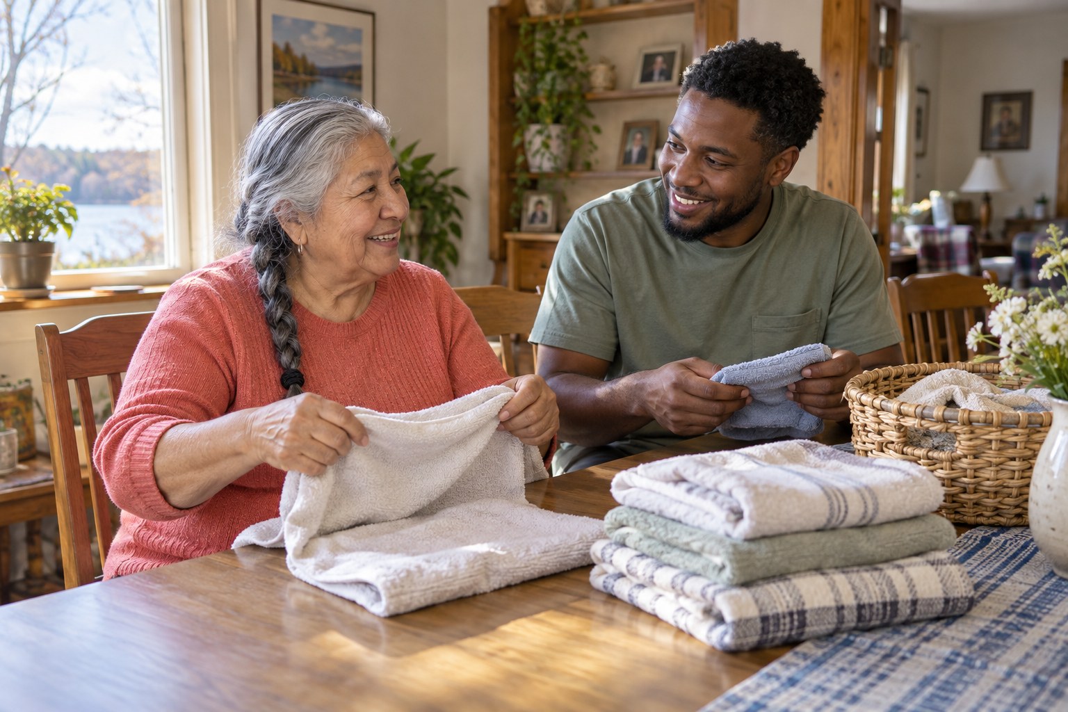 Companion helping an older adult with laundry and light housekeeping