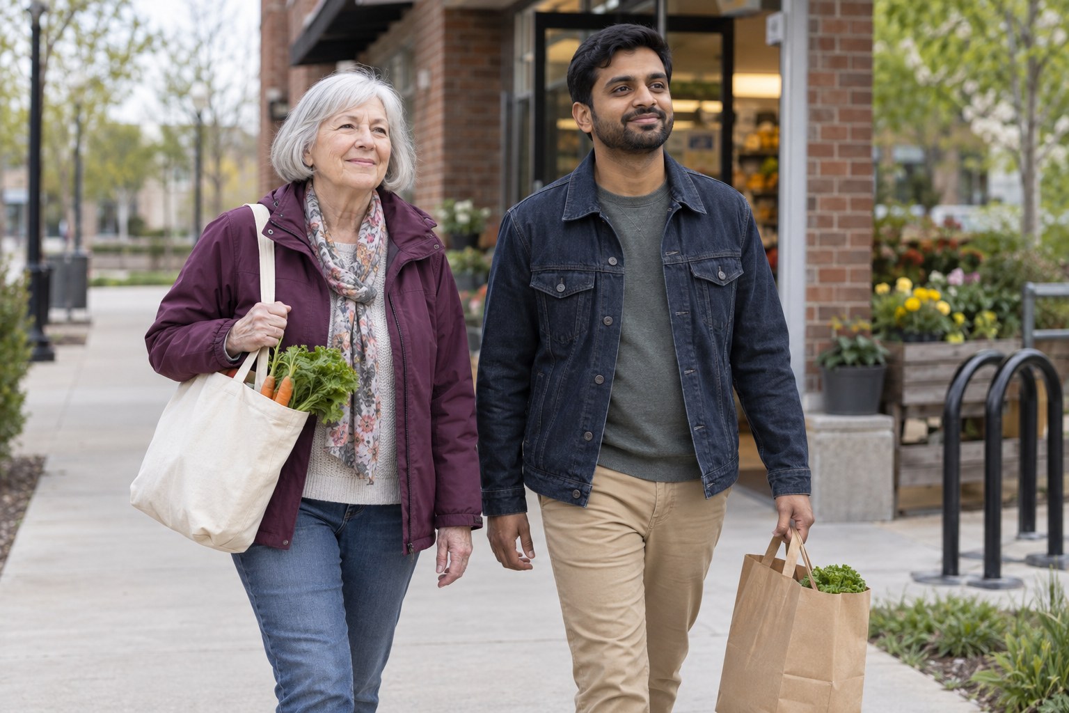 Older woman and a companion leaving a grocery store with shopping bags